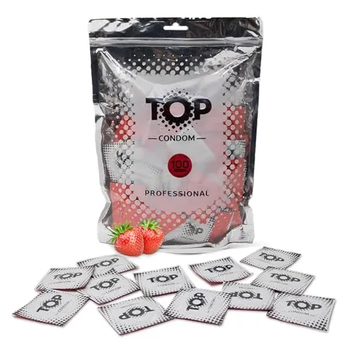 TOP Kondome 100 Stück Packung, Erdbeere, rot eingefärbt, natürlich und gefühlsecht, aus Latex, mit Reservoir, Durchmesser 53 mm, für Männer