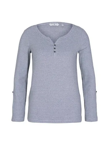 TOM TAILOR Damen Henley Longsleeve - Offwhite Navy Small Stripe, M - Blusen & Tuniken für Damen, gestreiftes Langarmshirt aus nachhaltiger Bio-Baumwolle mit verstellbarer Turn-Up-Funktion für individuelle Ärmellänge.