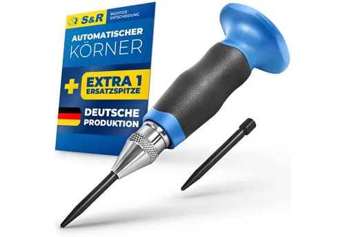 S&R Automatischer Körner mit Ergo-Griff - Reißnadeln für präzise Vorkörnung, Made in Germany, einstellbare Stoßkraft von 60-130 N, ideal für schwer zugängliche Stellen, inkl. 1 Ersatzspitze.