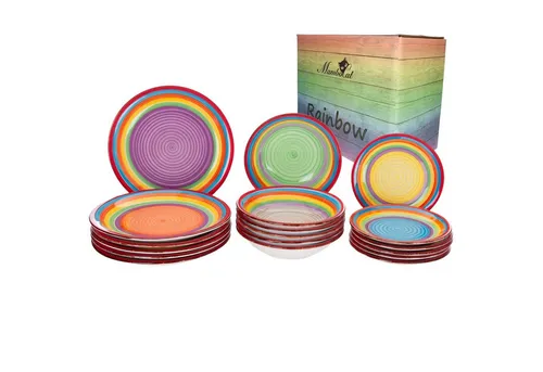 MamboCat Teller-Set 18-teiliges Ibiza Rainbow für 6 Personen - Farbenfrohes Teller-Set für 6 Personen, ideal für mehrgängige Dinner. Das isolierende Material hält Speisen länger warm und sorgt für gute Laune beim Essen!