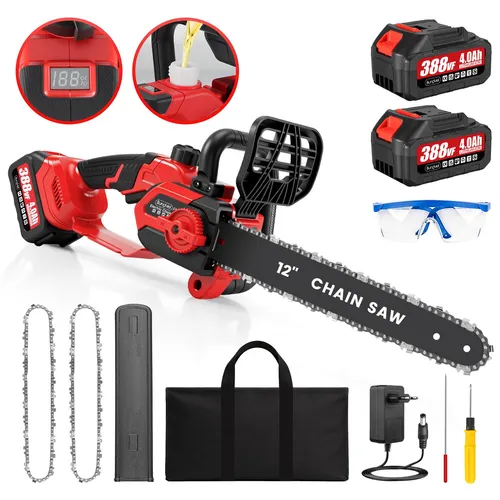 Akku-Kettensäge 12 Zoll mit 2x4000mAh Akku und Zubehör