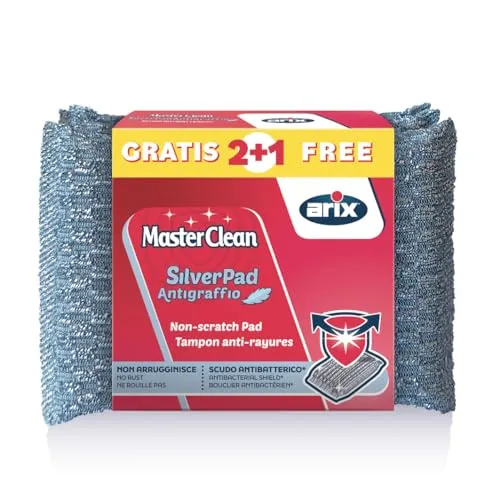 ARIX | 3 SilverPad Kratzfeste Schwämme mit Aluminiumbeschichtung der Masterclean-Linie, Schwamm mit antibakterieller Behandlung, für empfindliche Oberflächen, geruchshemmend, 3 Stück
