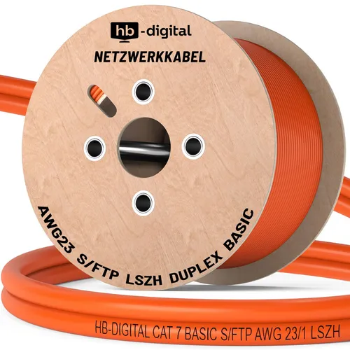 hb-digital CAT 7 Netzwerkkabel 100m Duplex S/FTP LSZH orange