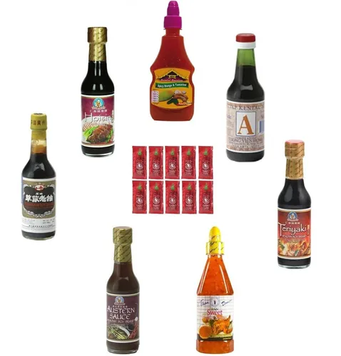 8tlg. Saucen Set – Soja, Austern, Sriracha & mehr - Vielfältiges Dipp-Set mit Soja-, Austern-, Sriracha-, Chili-, Tamarinde- und Hoisinsauce für authentische asiatische Genüsse.