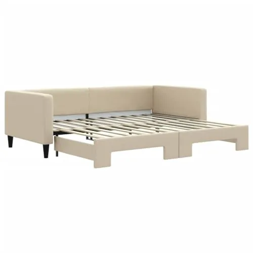 vidaXL Ausziehbares Tagesbett in Creme 90x200 cm - Vielseitiges 2-in-1 Tagesbett, das tagsüber als Sofa und nachts als Doppelbett dient. Ideal für Gästezimmer oder kleine Räume, mit strapazierfähigem Stoff und robuster Holz-Metall-Konstruktion.