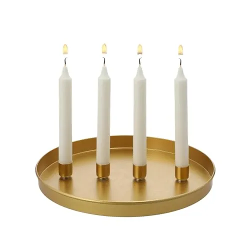 MACOSA CP676 Kerzenteller Gold rund Metall 25 cm modern Elegantes Adventsgesteck 4 Kerzenhalter Tischdekoration Advent Weihnachtsdeko Metallkranz Adventskranz (Gold)