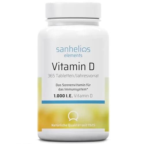 Sanhelios Sonnenvitamin D - 1000 I.E. Vitamin D3 - Vitamin D Präparate, hochdosiert mit 1000 I.E. pro Tablette, unterstützt Knochen, Zähne, Muskeln und Immunsystem - 365 Microtabletten für ein ganzes Jahr!