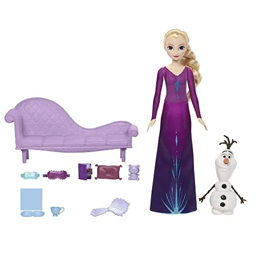 Disney FROZEN Schneeträume - Elsa und Olaf im 8-teiligen Schlafenszeit Set mit Frisierbürste, Loungesessel, Kissen, Teddybär, Buch und Schlafmasken, für Kinder ab 3 Jahren, HLX27