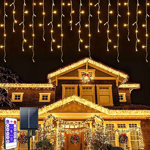 Solar LED Lichterkette Außen, Eisregen LED Lichterketten 7M Lichtervorhang 32 Stränge, 8 Modi Draußen Innen Eiszapfen Lichter Vorhang Wasserfest für Weihnachten Party Garten Dekorationen, Warmweiß