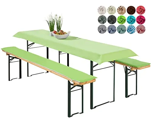 heimtexland ® Bierzeltgarnitur Auflagen Set 3-teilig - Bankauflagen Set in grün für Bierzeltgarnitur, inklusive strapazierfähiger Tischdecke und bequemen Polstern mit Gummizug - Pflegeleicht und zertifiziert nach Ökotex Standard 100.