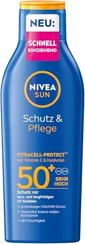 NIVEA SUN Schutz & Pflege Sonnenlotion LSF 50+, wasserfester Sonnenschutz mit Vitamin C & Hyaluron, schnell einziehende Sonnencreme für 48h Feuchtigkeit ohne weiße Rückstände (200 ml)