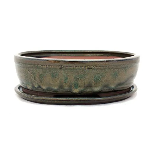 exotenherz Bonsai-Schale mit Unterteller O7 - Oval, 26x21cm - Stilvolle, glasierte Bonsaischale mit passendem Unterteller. Ideal für die ansprechende Präsentation Ihrer Pflanzen. Größe: 26x21cm, Farbe: Oliv-Braun.