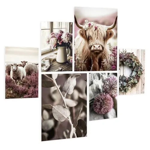 artissimo, Bilderset 6er-Set aufhängefertig, PE6769-DS, mehrteilige Wanddeko, moderne Bilderwand, Wandbilder-Set, Boho, Blumen, rosa beige, Vintage Landhaus-Stil