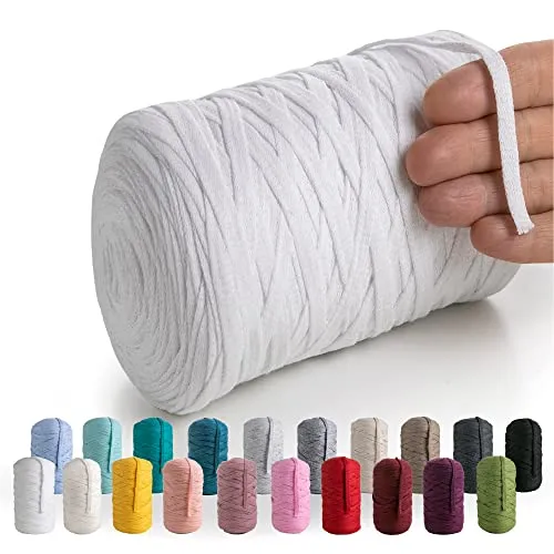 MeriWoolArt® Baumwollgarn Band Weiß - 10mm T-Shirt Band Garn für Stricken, Makramee, Häkeln, Weben, Geschenkband - 150 m Baumwollband (Weiß)