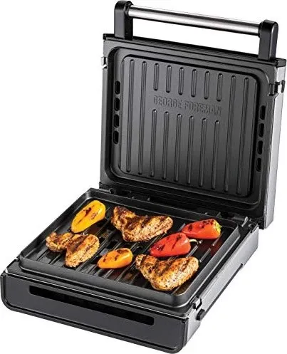GEORGE FOREMAN Smokeless Edelstahl Kontakt-Grill - rauchfreier Tisch-Grill, 87% weniger Rauch und 70% energieeffizient, ideal für fettfreies Grillen