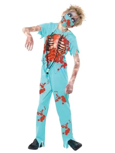 Smiffys Zombiekostüm Chirurg für Jungen - Gruseliges Zombie Chirurg Kostüm mit Hose, Oberteil, Maske und Stethoskop, ideal für Halloween und Karneval, leichtes Material für hohen Tragekomfort.