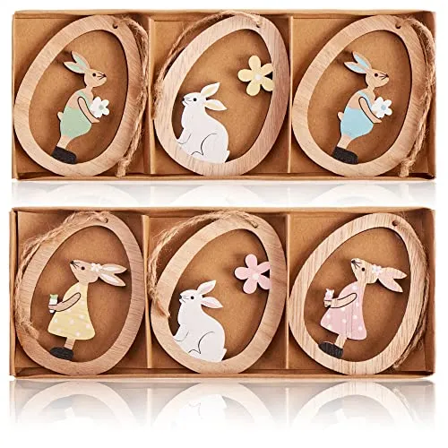 com-four® 6X Dekoaufhänger Hase in Ei - Holzaufhänger zum Dekorieren - Osteraufhänger für den Osterstrauß - Hängedeko (06 Stück - Hase im Ei)