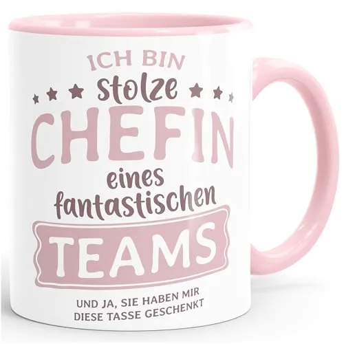 MoonWorks® Kaffee-Tasse Bürotasse Spruch Ich bin stolze/r Chefin/Chef eines fantastischen Teams Geschenk Chef/in Teamleiter/in Vorgesetzter Inner-rosa Keramik-Tasse