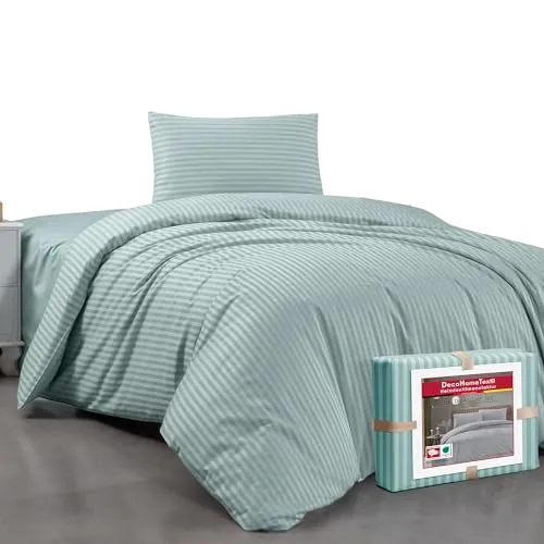 DecoHomeTextil Bettwäsche Set Bettgarnitur mit Reißverschluss Polycotton Streifen Salbeigrün 1x Bettbezug 135 x 200 cm + 1x Kissenbezug 80 x 80 cm