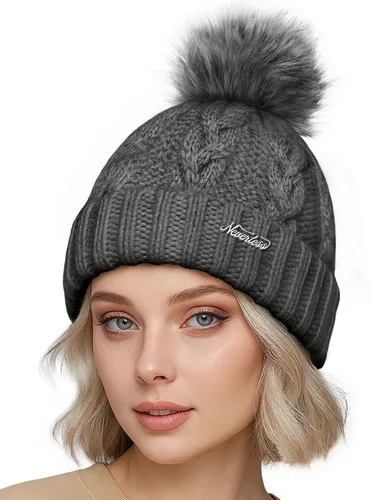 Neverless Strickmütze Damen Strickmütze Zopfstrickmuster Bommelmütze gefüttert mit Fleece