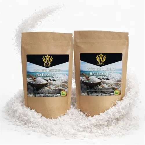 HAF Premium Totes Meer Badesalz 2 x 1 kg – Naturreines Meersalz für Wellness & Pflege - REICHHALTIGE MINERALIEN – Genießen Sie die Vorteile von natürlichem Meersalz mit einer hohen Mineralstoffkonzentration. Ideal für ein entspannendes Bad oder als Peeling. 100% NATÜRLICHE REINHEIT – Ohne künstliche Zusatzstoffe, perfekt für die tägliche Pflege.