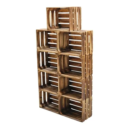Teramico Vintage Holzkisten 9er Set geflammt 40x30x25cm - Vielseitige Aufbewahrungslösung: Ideal für DIY-Projekte, als Regal oder Deko-Element. Hergestellt aus robustem Holz, bringen die Kisten rustikalen Charme in dein Zuhause.