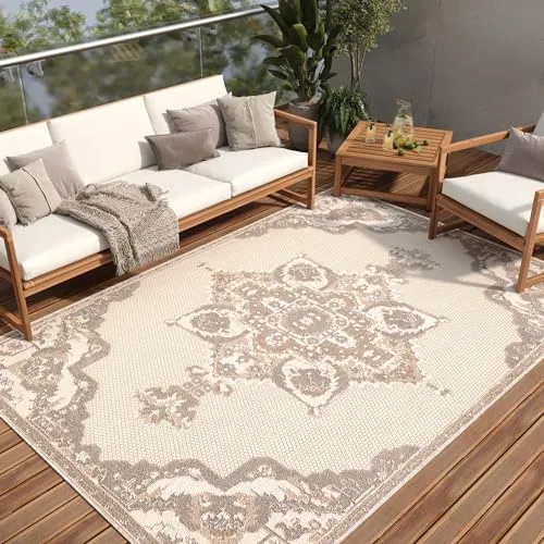 TAPISO Patio Teppich Outdoor Indoor Creme Beige Ornament Muster Wasserfest Wetterfest UV-Beständig Wohnzimmer Terrasse Balkon ÖKO-TEX 200 x 300 cm