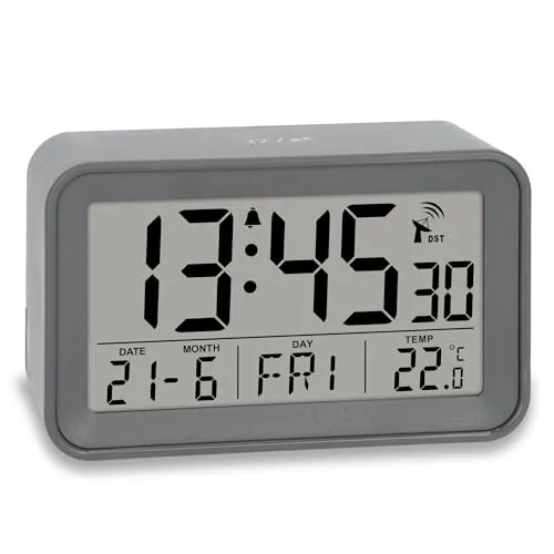 ADE Digitaler Funkwecker mit Licht - Wecker mit Temperaturanzeige und Kalender, ideal für zuhause oder unterwegs, bietet optimale Ablesbarkeit und sanften Alarm ohne Ticken.