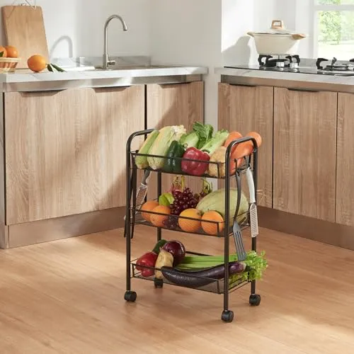 [en.casa] Rollwagen Tromsø - Multifunktionaler Beistellwagen mit 3 Ebenen - Servierwagen aus robustem Stahl mit 3 Ablagekörben und 4 Rollen, ideal für Küche, Bad oder Büro. Bietet flexible Mobilität und praktische Aufbewahrungsmöglichkeiten.