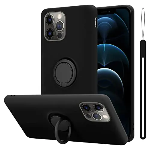 Cadorabo Hülle kompatibel mit Apple iPhone 12 12 PRO Schutzhülle TPU Silikon Case Liquid Design mit Ring Slim Kratzfest Liquidsilikon Microfaser Case Hülle für iPhone 12 12 PRO in Schwarz