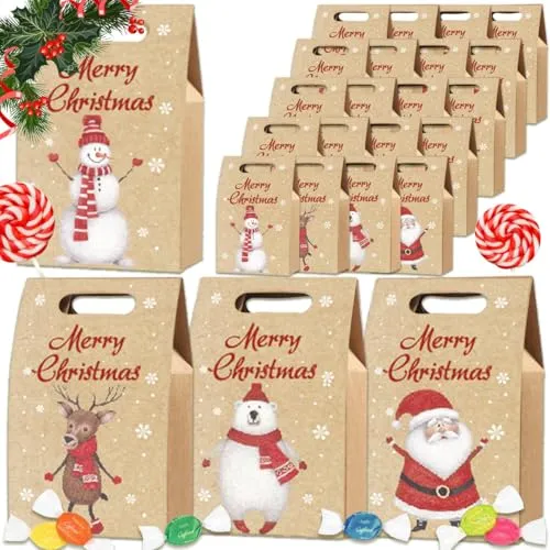 Geschenktüten Weihnachten - 24er Set Papiertüten mit Griff - Stylisches 24er Set Geschenktüten aus Kraftpapier, ideal für Weihnachten, Adventskalender und Partys. Leicht zu montieren und perfekt für Kekse, Snacks und Geschenke!