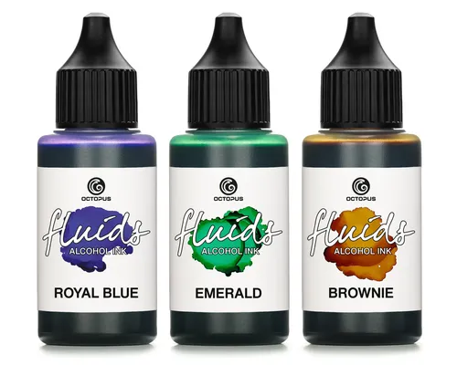 3x 30ml Fluids™ Alcohol Ink Set ROYAL BLUE, EMERALD, BROWNIE Alkoholtinte für Fl