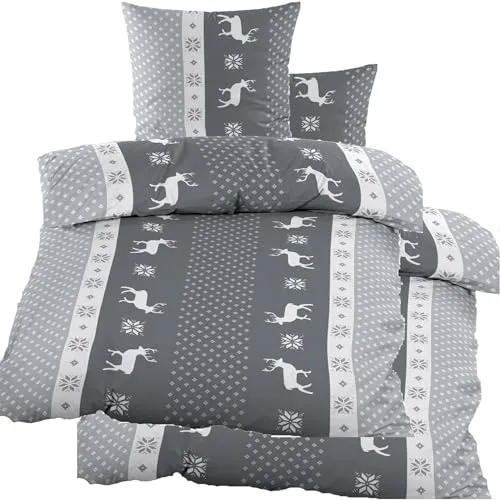 4-tlg. Biber Winter Bettwäsche Set, 100% Baumwolle - Bettwäsche Set für kalte Nächte, bestehend aus 2x Bettbezug (135x200 cm) und 2x Kopfkissenbezug (80x80 cm), aus 100% Baumwolle, kariert in rot und grau, waschbar bis 60 Grad und trocknergeeignet.
