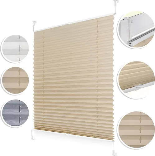 Plissee Klemmfix, verspannt, blickdicht, Sichtschutz Sonnenschutz Jalousie Creme,45 cm x 130 cm (B x L)