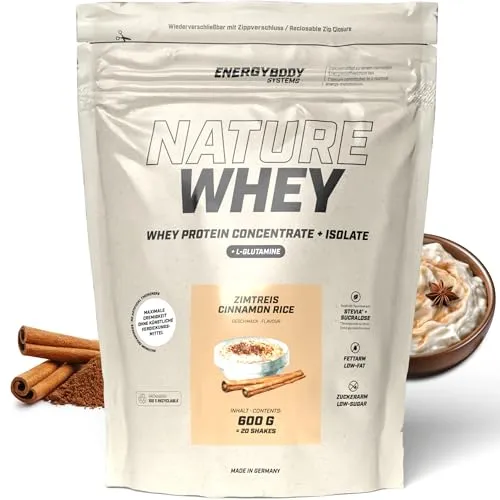 Energybody Nature Whey Protein Isolate & Concentrate 600g Beutel/zucker- und fettarmes Molkenproteinpulver mit Koffein/Eiweiß Pulver ohne künstliche Verdickungsmittel/Eiweiss Shake (Zimtreis)