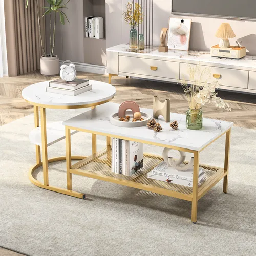 Fortuna Lai 2er Set Couchtisch, Beistelltisch Marmor Optik mit Metallrahmen & Ablage, Kaffeetisch Wohnzimmertisch Sofatisch für Wohnzimmer, Schlafzimmer (Weiß + Golden)