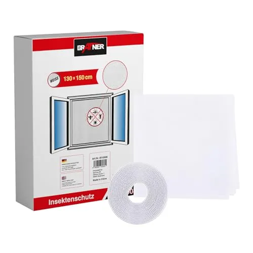 Grafner Insektenschutz für Fenster, verschiedene Größen und Farben, individuell zuschneidbar, incl. selbstklebenden Klettband, ohne Bohren, 150 x 130 cm weiß Fliegen Gitter Mücken Schutz