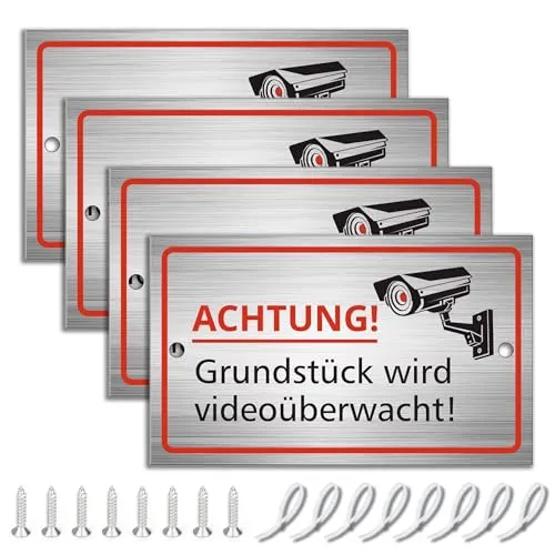 Stück Videoüberwachung Schild, 10x6cm Aluminium Schilder Kameraüberwachung, Achtung Videoüberwachung für Privatgrundstück mit Selbstklebend und 2 Bohrlöcher, Schild Videoüberwachung, Warnschild 4