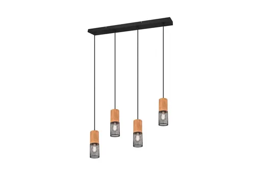 TRIO Leuchten LED Pendelleuchte mit Holz und Gitterdesign, 150cm - Moderne LED Pendelleuchte mit vier eleganten Drahtschirmen in Schwarz und Holzdetails. Ideal für Esstische und schafft eine gemütliche Atmosphäre. Vielseitig einsetzbar in verschiedenen Wohnstilen.