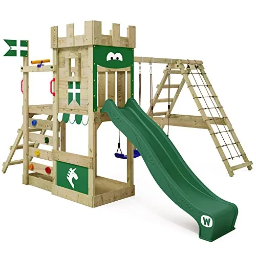 Wickey Spielturm DragonFlyer – Ritterburg mit Kletteranbau und Rutsche - Kreativer Spielturm aus kesseldruckimprägniertem Holz mit 10 Jahren Garantie*. Ideal für unvergessliche Abenteuer im Garten! Inklusive Rutsche, Schaukeln und Kletterelementen für maximalen Spielspaß.