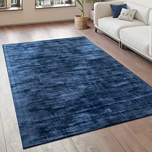 Paco Home Teppich Wohnzimmer Vintage Kurzflor Handgefertigt Hochwertig 100% Viskose, Grösse:160x230 cm, Farbe:Blau
