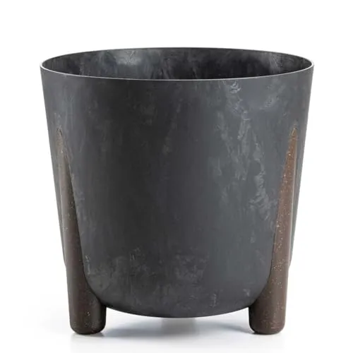 HowHomely Schwarz Blumentopf Kunststoff mit Braunen Füßen | ECO Pflanzschalen Ø 30 x H 28,5 cm | Leichter und Stabiler Blumenübertopf für Indoor oder Balkon und Terrasse | Beton-Optik Übertopf
