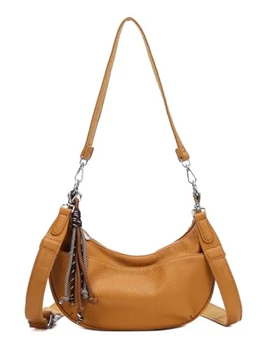 ITALYSHOP24 DAMEN TASCHE MOON Bag Crossbody Runde Schultertasche Hobo Bag Taschenanhänger Umhängetasche Shopper Crossover Handtasche Halbmond Leder Optik Reise (Gelb)