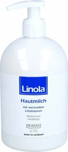 Linola Hautmilch Spender 500 ML - Ganzkörperpflege für trockene Haut, mit wertvollen Linolsäuren zur Regeneration und Linderung von Juckreiz. Ideal für die tägliche Basispflege, auch bei Neurodermitis.