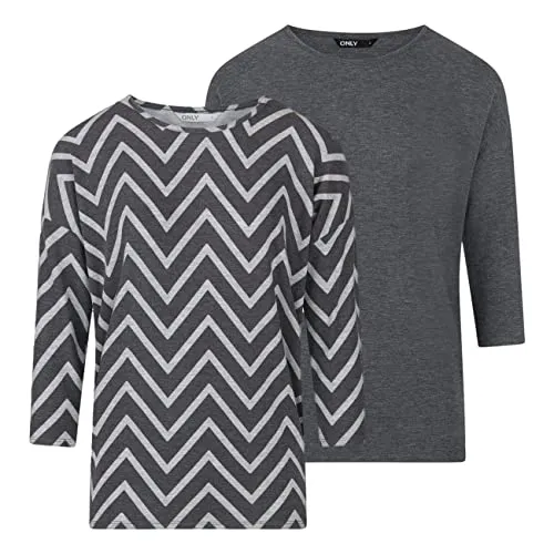 ONLY Damen Top ONLGLAMOUR 2er Pack 3/4 Ärmel Basic Shirt Rundhals Loose Fit Langarmshirt Oberteil Muster Aufdruck Sommer S Grau, Größe:S, Farbe:Dark Grey Melange (15289509)