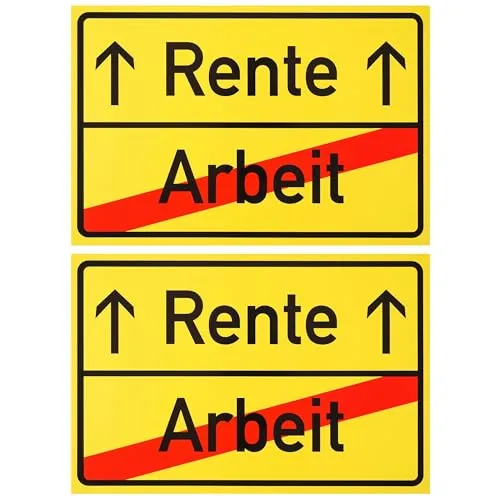 Start der Rente Schild, 2 Stück, 1 mm PVC, 30 x 20 cm, Scherzartikel für Rentner, Spaßschild mit Ortsschild Arbeit Rente, lustiges Hinweisschild für Ruhestand, Spaßartikel Geschenk Arbeitskollege Set
