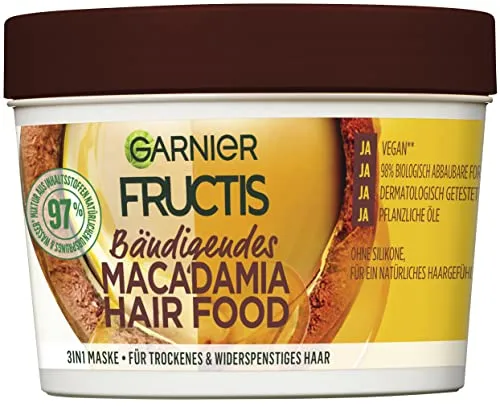 Garnier Haarmaske, Bändigendes Macadamia Hair Food, 3in1, ohne Silikone, für ein natürliches Haargefühl, Hair Food, Fructis, 390 ml