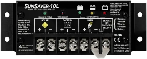 Morningstar Sunsaver SS-10L 12V Solarladeregler - Effizienter Solarladeregler für 12V Systeme, bietet maximalen Laststrom von 10A und funktioniert zuverlässig bei extremen Temperaturen von -40°C bis 60°C.