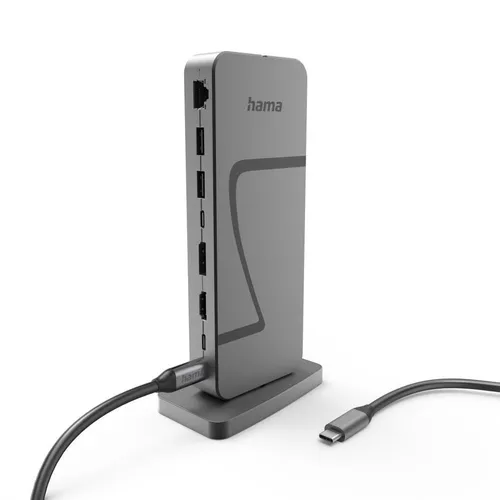 Hama USB-C Docking-Station mit 10 Ports - Notebook Dockingstation mit kompaktem Design in Grau, bietet 10 vielseitige Anschlussmöglichkeiten und USB4 für Datenübertragungen bis zu 40 Gbit/s – ideal für schnelles Arbeiten im Büro oder Homeoffice.