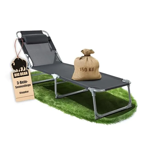 BigDean Sonnenliege klappbar dunkelgrau - Klappbare Gartenliege mit abnehmbarem Kopfkissen, extra hoch (29 cm) für einfaches Hinsetzen. Ideal für Balkon, Garten oder Strand, bis 150 kg belastbar.